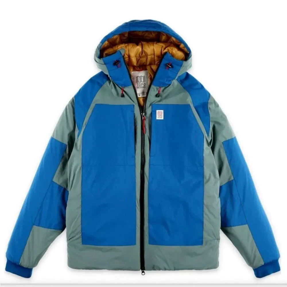 Topo Design Men's Mountain Puffer Hoodie Jacket Coat in Blue/slate Gray Size S